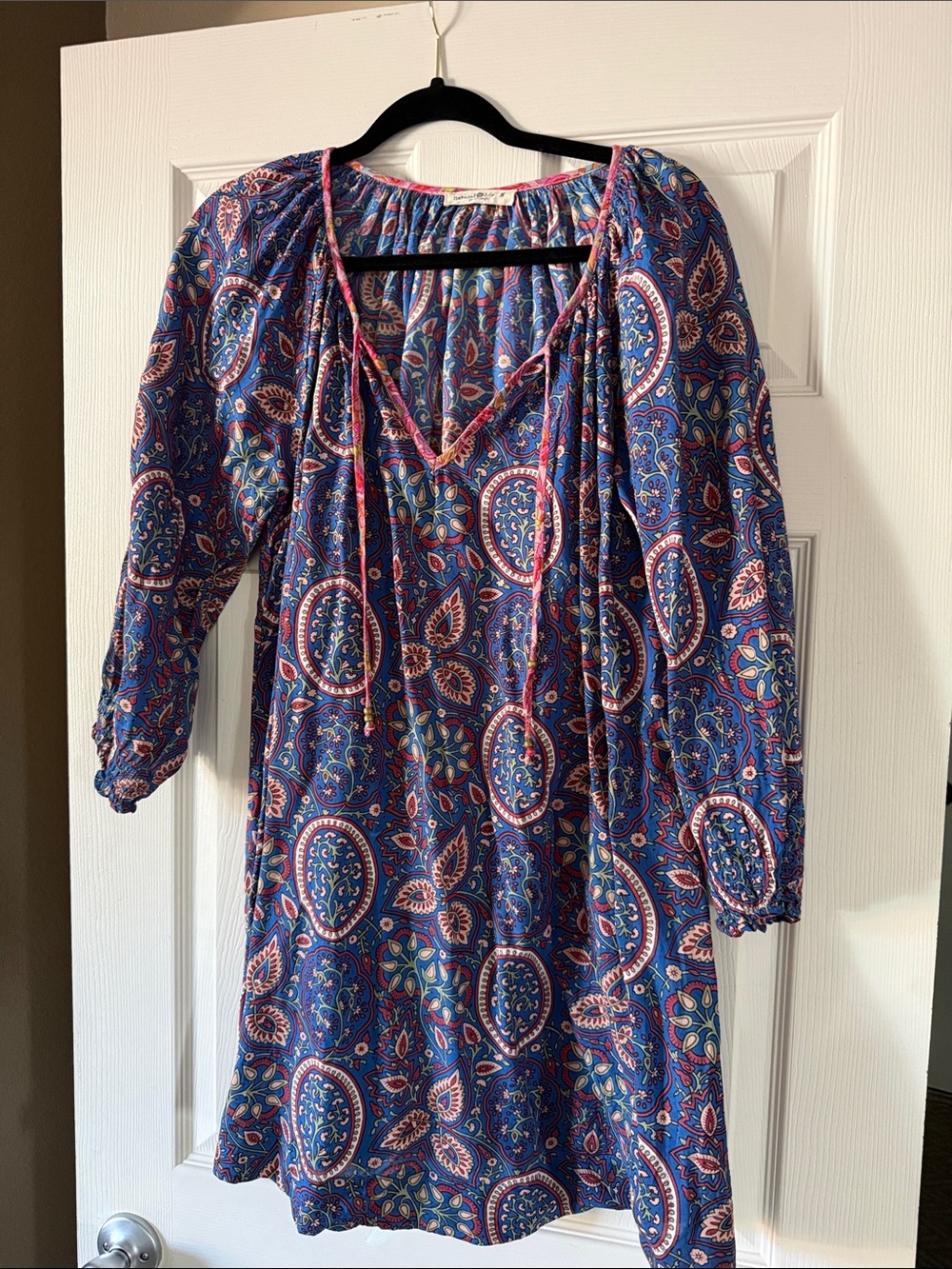 NATURAL LIFE Blue and Pink Paisley Long-Sleeve Boho Dress